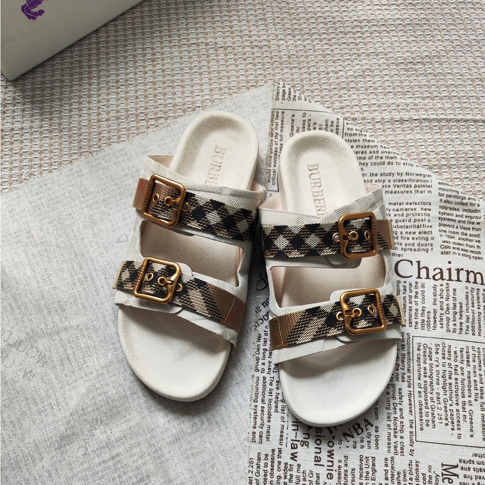 Burberry Cream Slide Sandals with Beige Check Straps and Gold Buckles